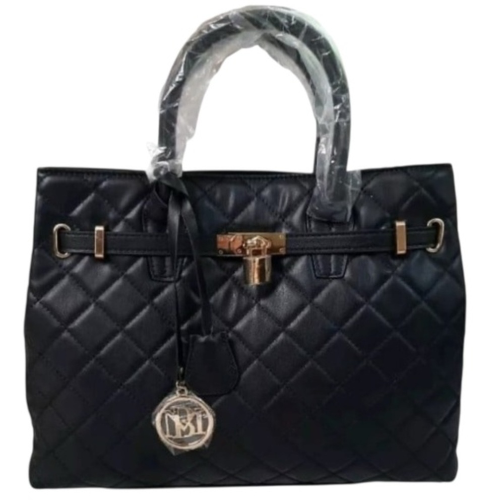 Badgley Mischka Big Quilted Black Diamond Pattern Tote Bag With Front Lock